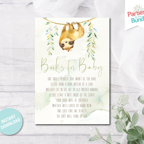 Books for Baby Card, Sloth Baby Shower, Books for Baby Insert, Book Request Card, Printable Insert, Bring a Book, INSTANT DOWNLOAD