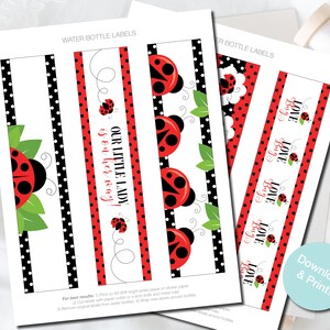 May include: Sheets of water bottle labels with ladybug designs. The labels feature red and black ladybugs, green leaves, and the text "Our Little Lady is on her way!" and "Love Bug". The labels are designed to be printed.