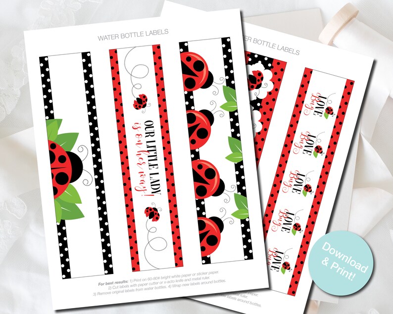 May include: Sheets of water bottle labels with ladybug designs. The labels feature red and black ladybugs, green leaves, and the text "Our Little Lady is on her way!" and "Love Bug". The labels are designed to be printed.