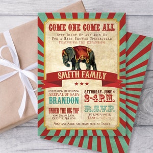 Puede incluir: Una invitaci&oacute;n a una fiesta de bienvenida al beb&eacute; con tem&aacute;tica de circo en rojo, blanco y azul con un elefante de dibujos animados que lleva un disfraz rojo y dorado. La invitaci&oacute;n dice "Come One Come All" y "Celebrating the Upcoming Arrival of Baby Brandon".