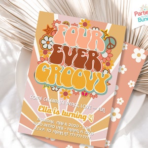Four Ever Groovy Birthday Invitation Peace Love 70s Hippie Party Boho Retro Rainbow Floral 4th Birthday Party Invite #001