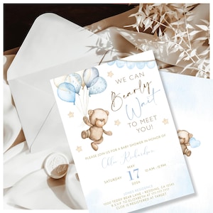 EDITABLE We Can Bearly Wait Baby Shower Invitation | Blue Teddy Bear Boy Shower Invite | Corjl Template T6