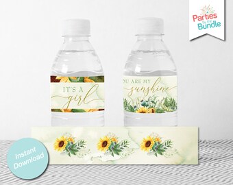 Sunflower Water Bottle Labels, Water Bottle Wraps, Sunflower Baby Shower Printables, Party Supples, Sunflower Decorations, INSTANT DOWNLOAD