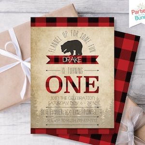 Holzfäller Einladung zum 1. Geburtstag, Buffel Karo Party einladen, Flanell Party Einladung, Junge erster Geburtstag einladen #003 L4