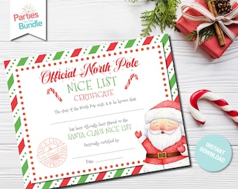 Pode incluir: Um certificado imprimível com uma borda listrada vermelha e verde. O certificado diz "Official North Pole Nice List Certificate". Os duendes do Pólo Norte desejam que se saiba que [name] foi oficialmente colocado na lista dos bons do Papai Noel. O certificado é pessoalmente certificado por [name] e inclui um espaço para a data.