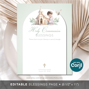 May include: A light green and white Holy Communion blessings page. The top features a watercolor illustration of a church, a boy praying, and a dove. The text reads "Holy Communion Blessings". Includes the text "Please share a prayer, blessing or special message". The page measures 8 1/2" x 11".