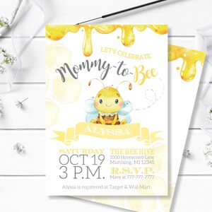 May include: A yellow and white baby shower invitation featuring a cartoon bee and the text "Let's Celebrate Mommy-to-Bee Alyssa". The invitation includes the date and time of the event, the location, and RSVP information.