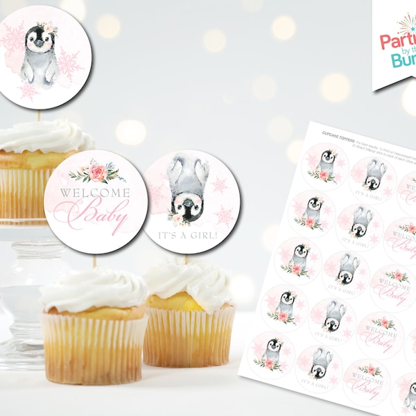 Penguin Baby Shower Cupcake Toppers Wrapper Set Winter Baby Shower Printable Decorations Polar Animals Baby Shower INSTANT DOWNLOAD