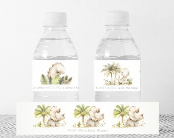 May include: Water bottle labels with a dinosaur theme. The labels feature a green and brown dinosaur with a palm tree and the text "A babysaurus is on the way!" and "Our little hatching is almost here!"  A separate label features three dinosaurs with palm trees and the text "RAWR - It's a baby shower!"