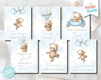 May include: Printable blue and white baby shower signs with a teddy bear theme. The signs include the text "Favors, Please Take One", "Cards and Gifts", "Please Enjoy Some Food", "Birthdays are Sweet, Please Take a Treat", "Drinks, Please Help Yourself", and "Welcome, We're So Glad You're Here".