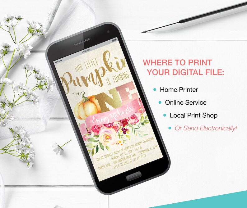 May include: A smartphone displays a digital invitation for a first birthday celebration. The design features a pumpkin illustration, floral accents, and the text "Our Little Pumpkin is Turning One."