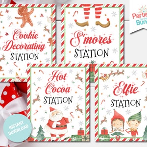 May include: Four printable Christmas party signs with red and green stripes and white backgrounds. The signs feature illustrations of a gingerbread man, Santa Claus, elves, and a snowman. The text on the signs reads "Cookie Decorating Station", "S'mores Station", "Hot Cocoa Station", and "Elfie Station".
