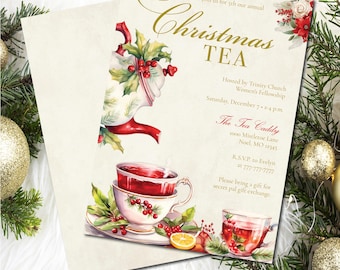 EDITABLE  Christmas Tea Party Invitation: Festive Holiday Brunch (Corjl Template) CT1 CR1