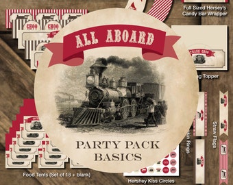 Può includere: Un pacchetto festa a tema treno vintage. Include decorazioni per cupcake, tendine per cibo, cerchi Hershey Kiss, bandierine per cannucce e cartelli per feste. Le parole "All Aboard" e "Happy Birthday" sono visibili.