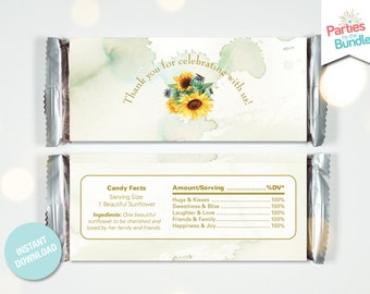 May include: A chocolate bar wrapper with a watercolor background and a sunflower design. The wrapper says "Thank you for celebrating with us!" and includes a nutritional label with the text "Candy Facts" and "Amount/Serving".