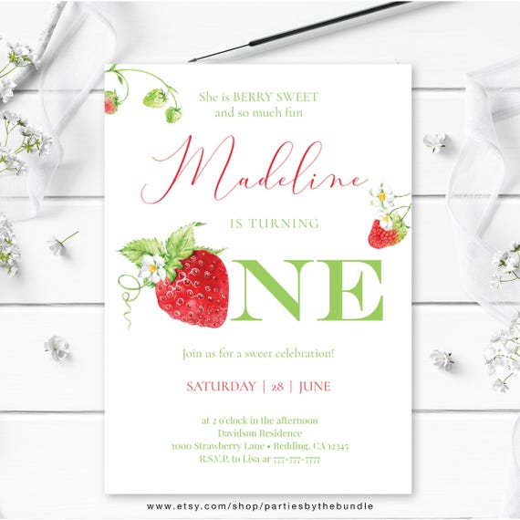 EDITABLE Berry Sweet 1st Birthday Invitation | Sweet One Strawberry Invite for Girl | Summer Fruit Theme | Corjl Template BS2