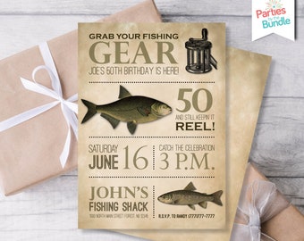 Fishing Invitation, Fishing Party Invitation, Fishing Birthday Invitations, Rustic Birthday Invites, 50th Male Birthday, 40th Male Birthday