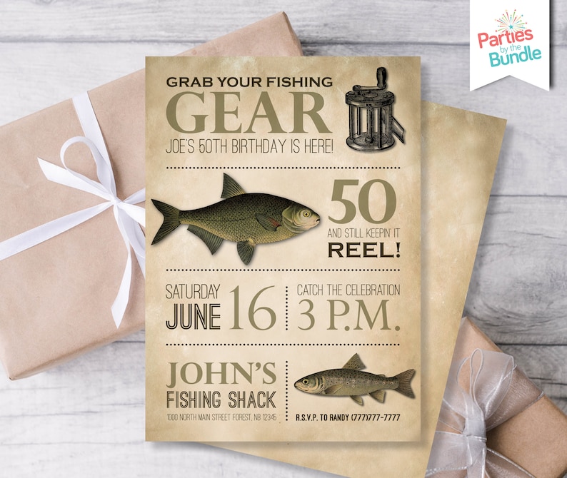 Fishing Invitation, Fishing Party Invitation, Fishing Birthday Invitations, Rustic Birthday Invites, 50th Male Birthday, 40th Male Birthday image 1