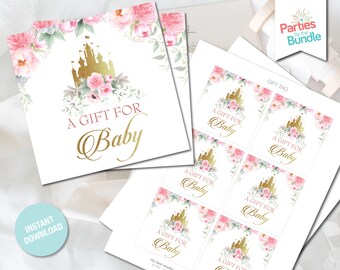 May include: Printable gift tags featuring a gold castle and pink flowers with the text "A Gift For Baby".