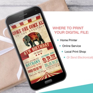 May include: A digital invitation for a 4th birthday party with a circus theme. The invitation features a red, white, and blue color scheme with a cartoon elephant and the text "Come One Come All To The Greatest 4th Birthday On Earth".