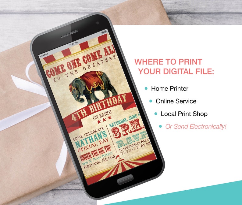 May include: A digital invitation for a 4th birthday party with a circus theme. The invitation features a red, white, and blue color scheme with a cartoon elephant and the text "Come One Come All To The Greatest 4th Birthday On Earth".