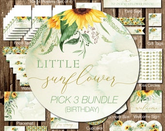 Puede incluir: Un paquete de fiesta imprimible para una fiesta de cumpleaños de Little Sunflower. El paquete incluye una pancarta, carteles, etiquetas para comida, etiquetas para botellas de agua, un letrero de bienvenida, envoltorios para cupcakes, adornos para golosinas, adornos para cupcakes, una pieza central, letreros para fiestas, envoltorios para mini barras de caramelo y páginas de álbum de recortes. El diseño presenta girasoles, hojas verdes y un fondo de acuarela.