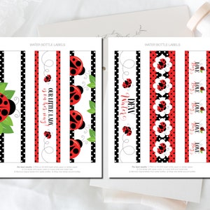 May include: Water bottle labels with ladybug designs. The labels feature red and black ladybugs, polka dots, and text that reads "Our Little Lady is on her way" and "Love Bugs". The labels are designed for water bottles.