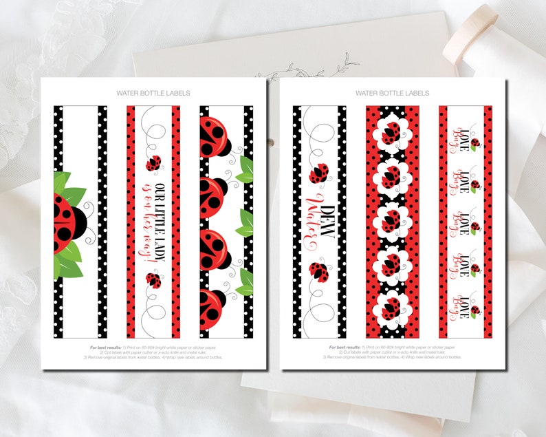 May include: Water bottle labels with ladybug designs. The labels feature red and black ladybugs, polka dots, and text that reads "Our Little Lady is on her way" and "Love Bugs". The labels are designed for water bottles.