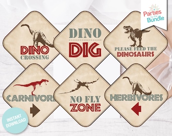 May include: Six brown and beige diamond-shaped signs with dinosaur illustrations and text. The signs read "Dino Crossing", "Dino Dig", "Please Feed the Dinosaurs", "Carnivore", "No Fly Zone", and "Herbivores".