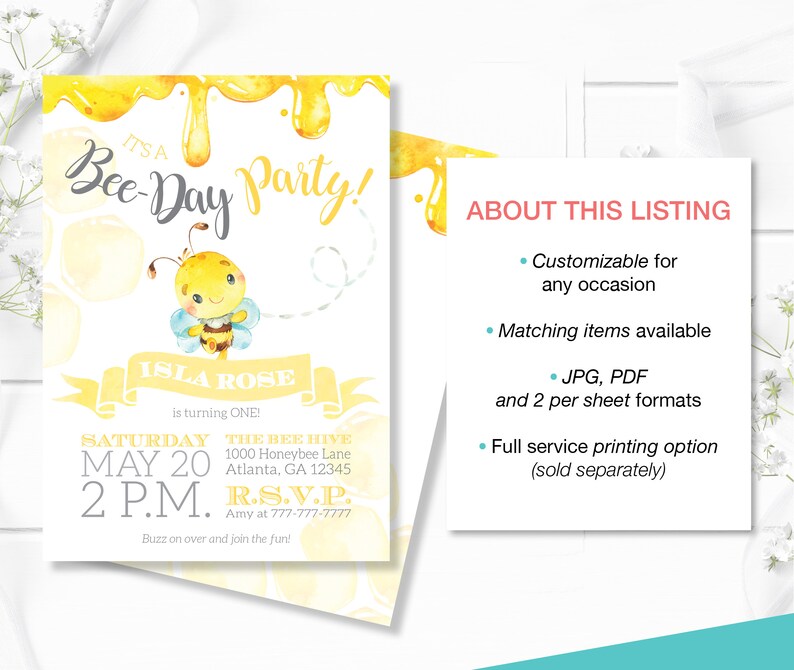 May include: A yellow and white bee-themed party invitation with a cartoon bee and the text "It's a Bee-Day Party!"  Isla Rose is turning one. The party is on Saturday, 20th May at 2 p.m. at The Bee Hive, 1000 Honeybee Lane, Atlanta, GA 12345.  RSVP to Amy at 777-777-7777.