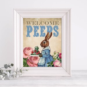 May include: A vintage-style illustration of a rabbit wearing a blue dress and holding a plate of pastel-coloured Peeps. The background features roses and the text "Welcome Peeps".