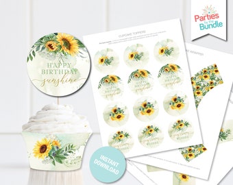 Cupcake Toppers, Cupcake Wrappers, Sunflower Printable Party Decorations, Birthday Decor, Cake Toppers, INSTANT DOWNLOAD