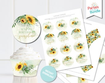 Cupcake Toppers, Cupcake Wrappers, Sunflower Printable Party Decorations, Birthday Decor, Cake Toppers, INSTANT DOWNLOAD S6