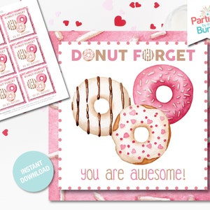 Printable Valentine&#39;s Day Gift Tag, Valentine&#39;s Favor Tag, Donut Valentine Tag, Printable Donut Gift Tag,  Valentine Party, INSTANT DOWNLOAD