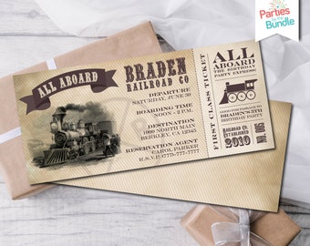 Train Birthday Invitation: Vintage Boarding Pass Ticket (Digital File)