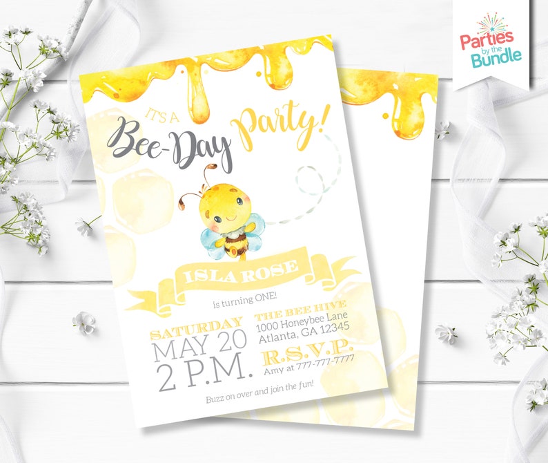May include: A yellow and white bee-themed birthday party invitation featuring a cartoon bee and honeycomb pattern. The invitation reads "It's a Bee Day Party!" and includes the name "Isla Rose" and details for the party, including the date, time, and location.