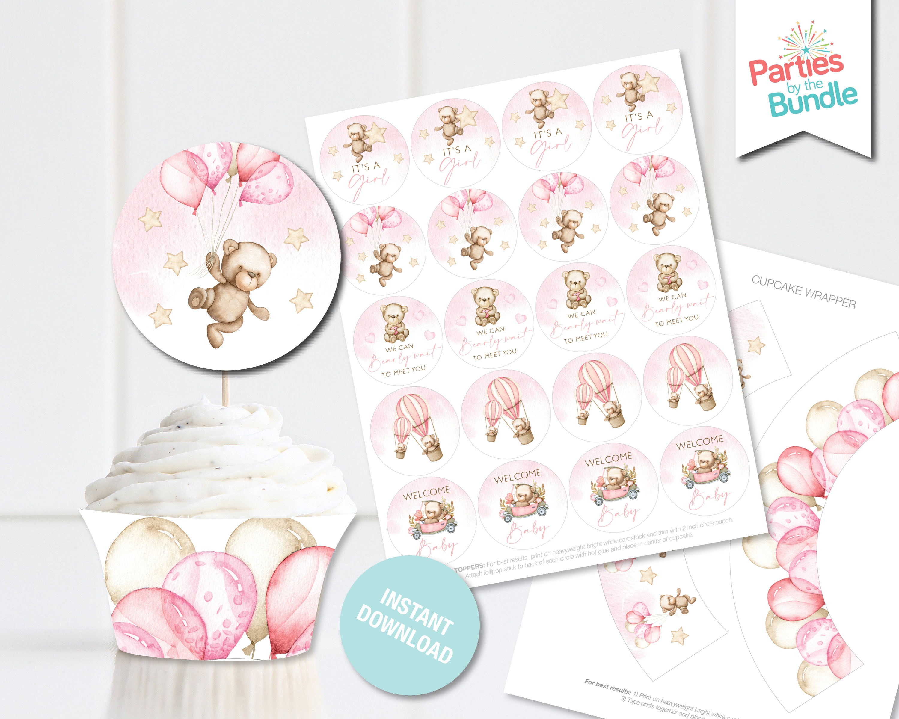 Teddy Bear Cupcake Toppers Teddy Baby Shower Decorations Teddy Baby Shower Cupcake Wrappers Shower Decor DIGITAL INSTANT