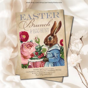 May include: An Easter Brunch & Egg Hunt invitation with a vintage aesthetic. The design features a brown rabbit in a blue outfit, surrounded by pink roses and the text "Easter Brunch & Egg Hunt".