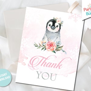 Nota de agradecimiento de pingüino rosa, tarjeta de agradecimiento, tarjeta de nota plana, tarjeta imprimible, papelería para bebé, DESCARGA INSTANTÁNEA, DIGITAL P07