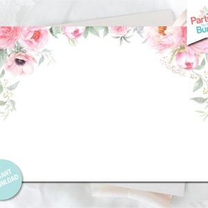 May include: A printable digital download of a floral border with pink and white flowers and green leaves. The border is perfect for invitations, cards, or other paper crafts.