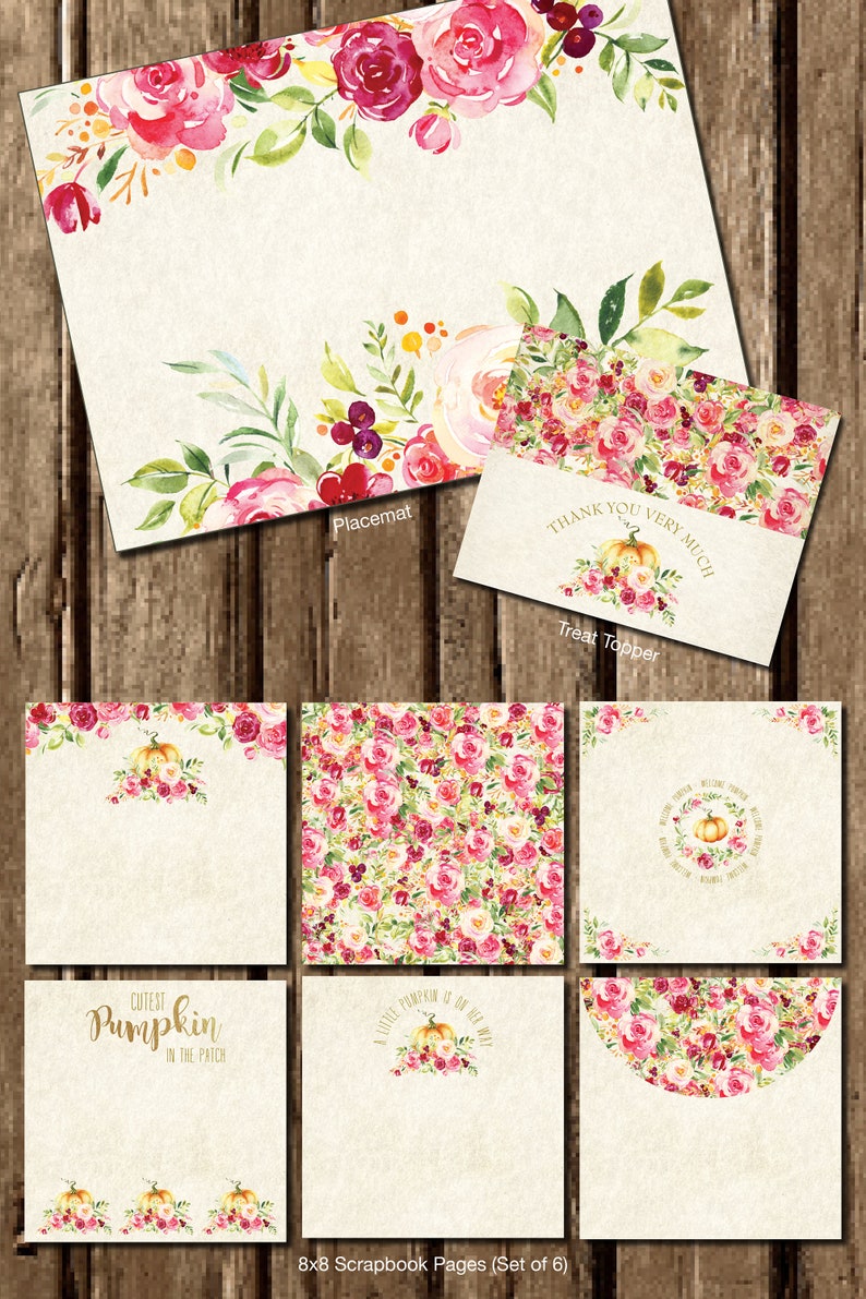 Puede incluir: Un conjunto de art&iacute;culos de papeler&iacute;a con tem&aacute;tica floral y calabaza. Incluye un mantel individual, un adorno para golosinas y p&aacute;ginas de &aacute;lbum de recortes. Los dise&ntilde;os presentan rosas de acuarela en tonos rosas y rojos, con texto dorado e ilustraciones de calabazas. Las p&aacute;ginas del &aacute;lbum de recortes miden 20x20 cm.