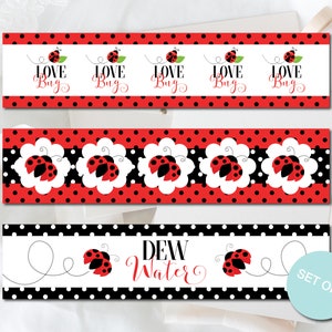 May include: Set of six decorative ladybug-themed labels. The labels feature red and black polka dots, ladybug illustrations, and the words "Love Bug" and "Dew Water" in red script. The labels are designed with a white background.