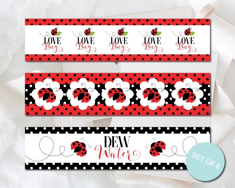 May include: Set of six decorative ladybug-themed labels. The labels feature red and black polka dots, ladybug illustrations, and the words "Love Bug" and "Dew Water" in red script. The labels are designed with a white background.