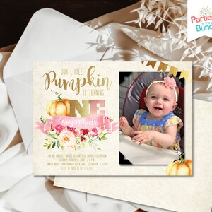 Pumpkin First Birthday Photo Invitation for Girl, Fall 1st Birthday Invitation, Whimsical Pumpkin Party Invite