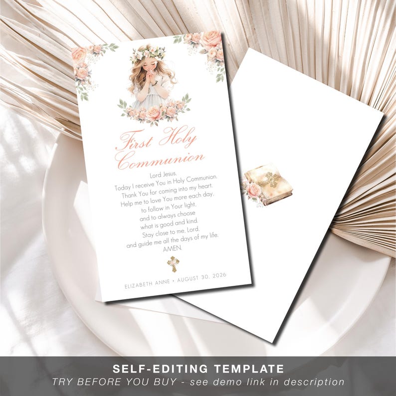 EDITABLE First Holy Communion Prayer Card for Girl | Christening ...