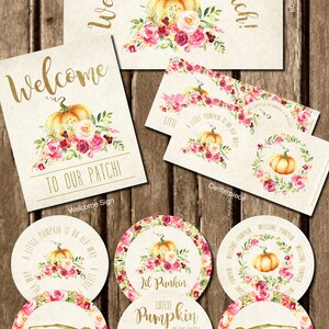 Puede incluir: Un conjunto de decoraciones para fiestas con tem&aacute;tica oto&ntilde;al y est&eacute;tica r&uacute;stica. El conjunto incluye letreros con dise&ntilde;os florales y de calabazas, con textos como "Welcome to Our Patch!" y "Cutest Pumpkin in the Patch."