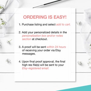 May include: A white card with black text outlining the steps for ordering a personalized product. The text reads "ORDERING IS EASY!" followed by four numbered steps.