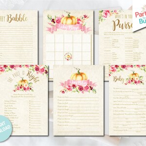 Puede incluir: Un conjunto de juegos imprimibles para baby shower con temática otoñal. Los juegos incluyen "Baby Babble", "Baby Bingo", "What's in Your Purse", "The Price is Right", "Dear Baby" y "Baby Jibs". Cada juego presenta una calabaza y flores.