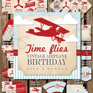 Airplane Printable Party Package Vintage Airplane Party Decorations Boy First Birthday Party Bundle Time Flies Birthday Pick 3 Bundle