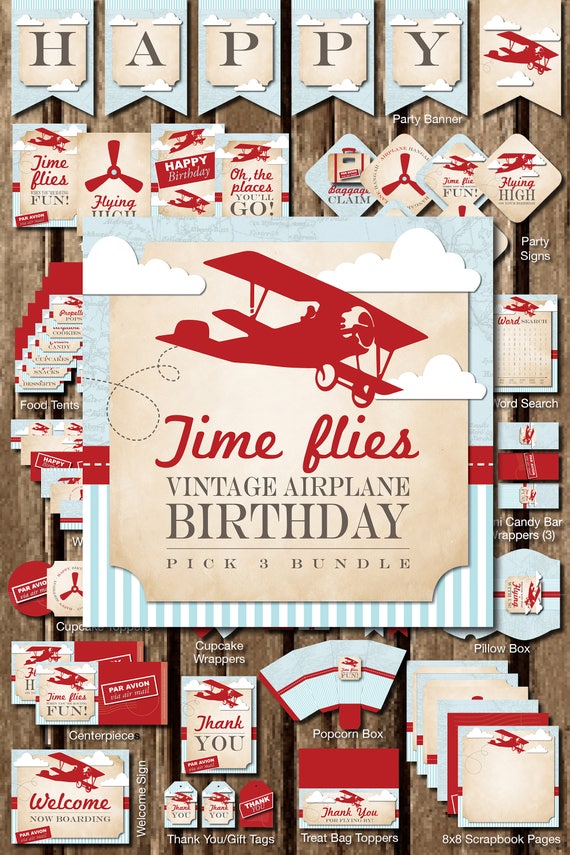 Airplane Printable Party Package Vintage Airplane Party Decorations Boy First Birthday Party Bundle Time Flies Birthday Pick 3 Bundle